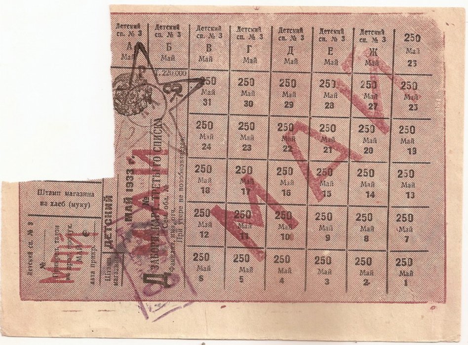 Продовольственная карточка. Детский список № 3. май 1933 г.