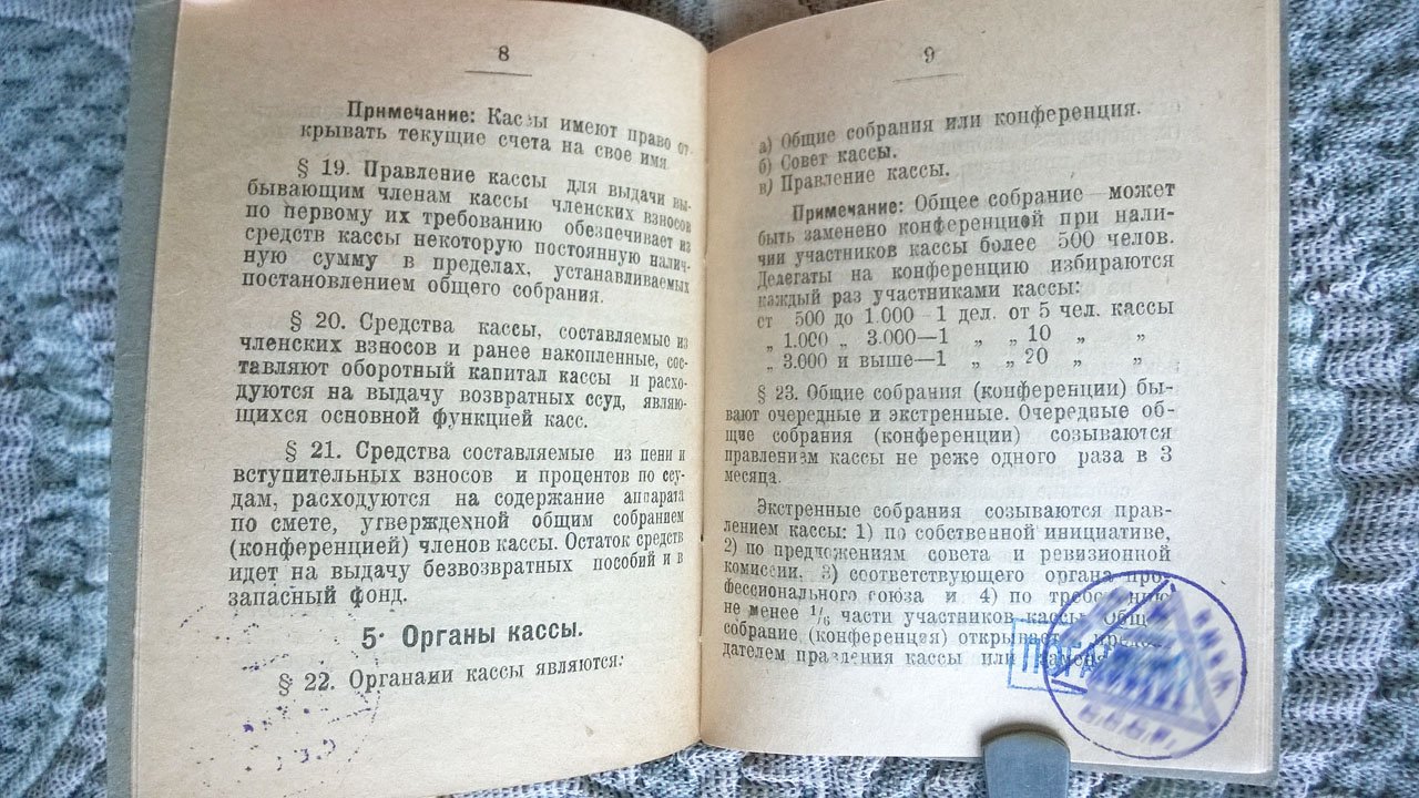 Устав Кассы взаимопомощи, утвержденный II пленумом ЦК ВСРМ (Всероссийский союз рабочих металлистов).