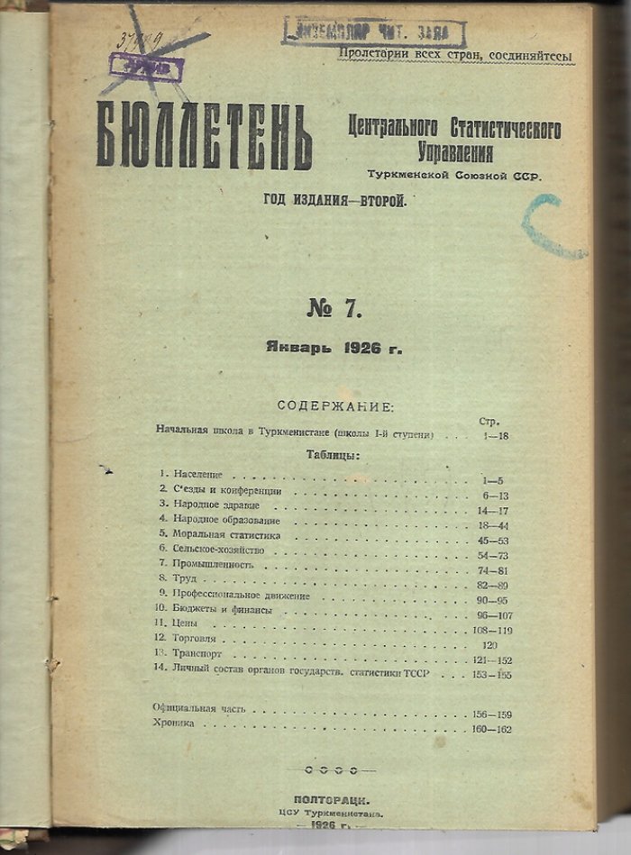 Бюллетень Центрального статистического управления Туркменской Союзной ССР. №7, 8, 9, 1926 г.