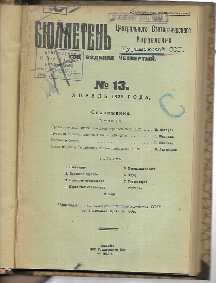 Бюллетень Центрального статистического управления Туркменской ССР. №13, апрель 1928 г.