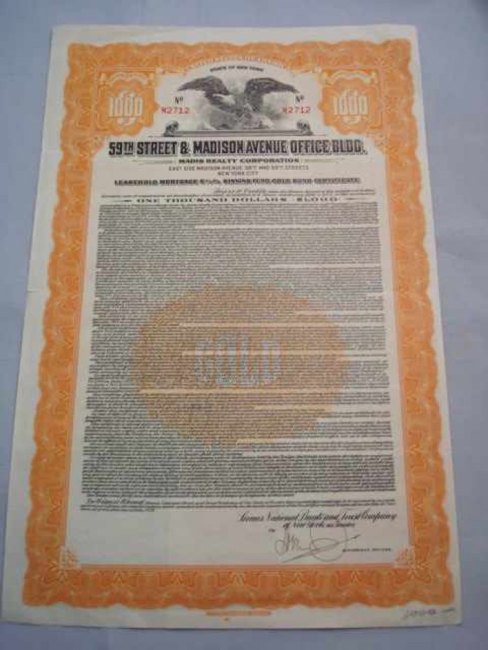 Акция. 6 14 % certificate Madis Realiti Corporation.