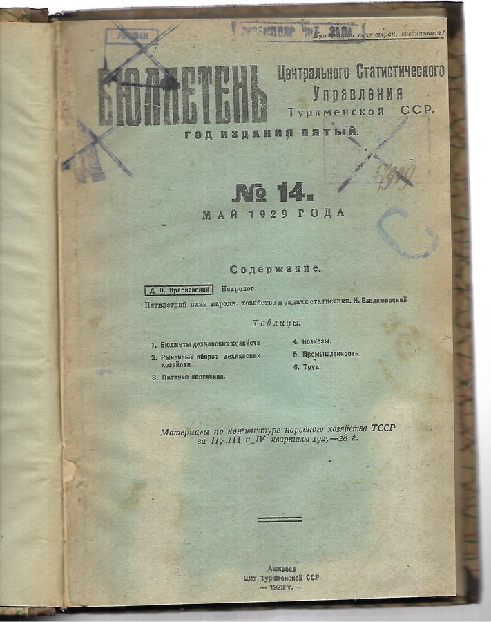 Бюллетень Центрального статистического управления Туркменской ССР. №14, май 1929 г.