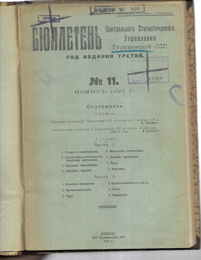 Бюллетень Центрального статистического управления Туркменской ССР. №11, ноябрь 1927 г.