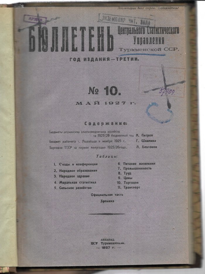 Бюллетень Центрального статистического управления Туркменской ССР. №10, май 1927 г.