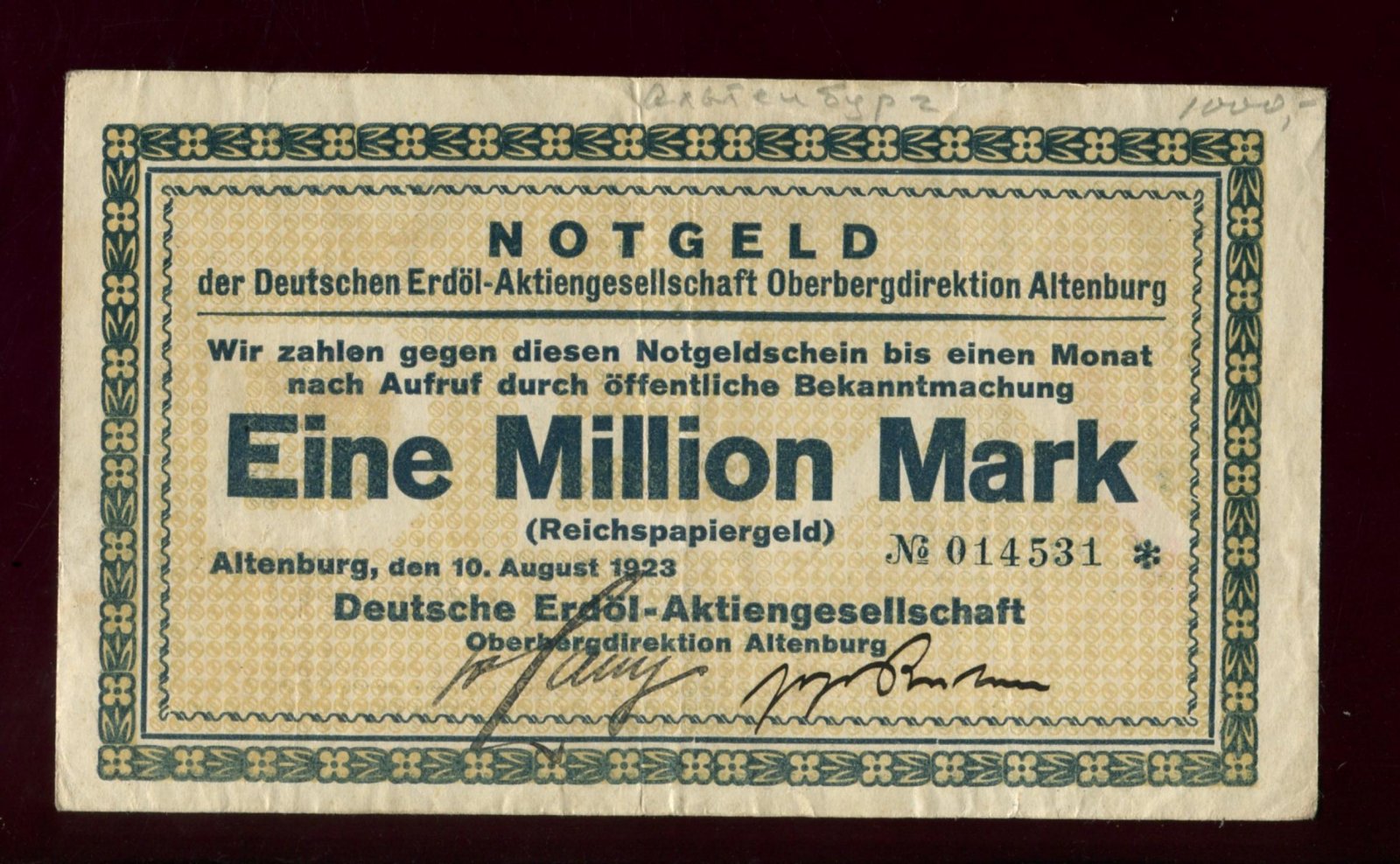 Бона. 1 миллион марок 1923 г. Альтенбург Германия Нотгельд