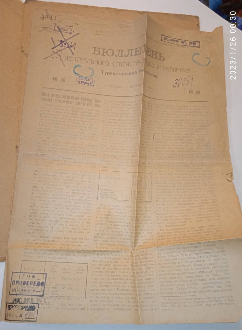 Бюллетень Центрального Статистического управления Туркестанской республики. Выпуск20. 1921 г.