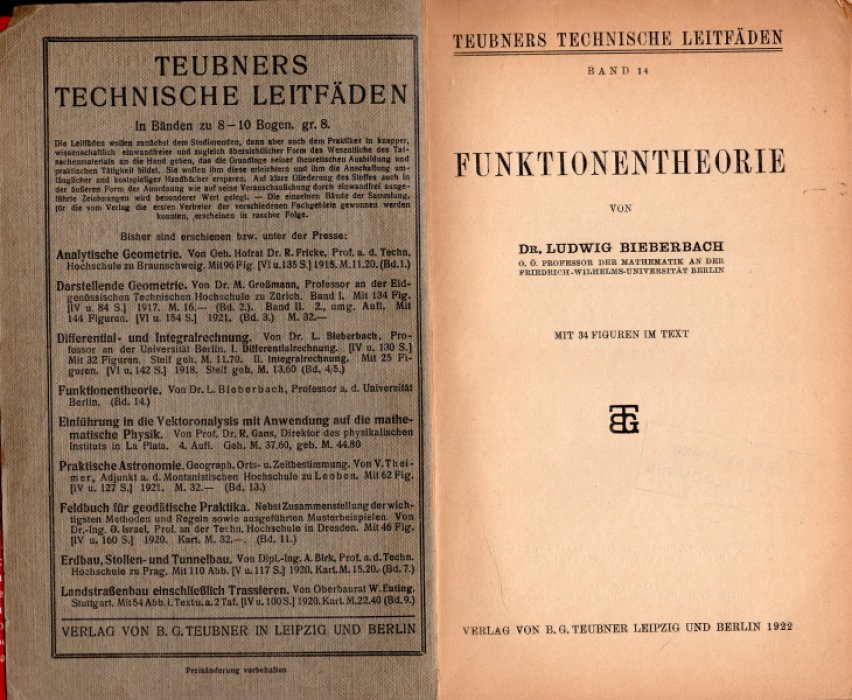Bieberbach Ludwig. Funktionentheorie (Теория функций комплексного распределения (комплЕксный анализ)).