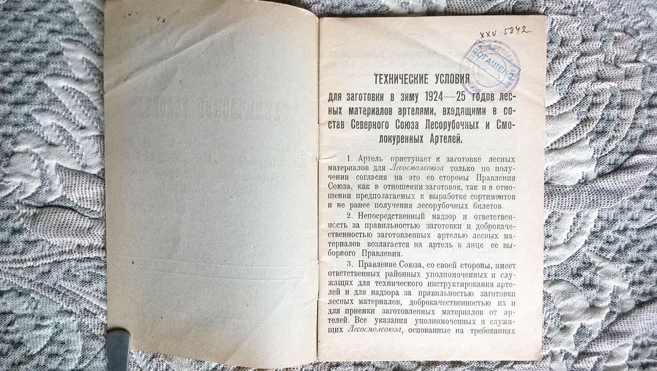 Технические условия для заготовки в зиму 1924-25 годов лесных материалов артелями, входящими в состав Северного союза лесорубочных и смолокуренных артелей.