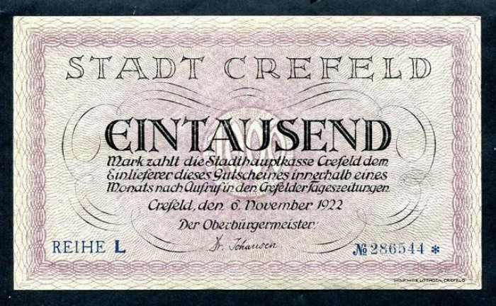 Бона. 1000 марок 1922 г. Германия. Крефельд