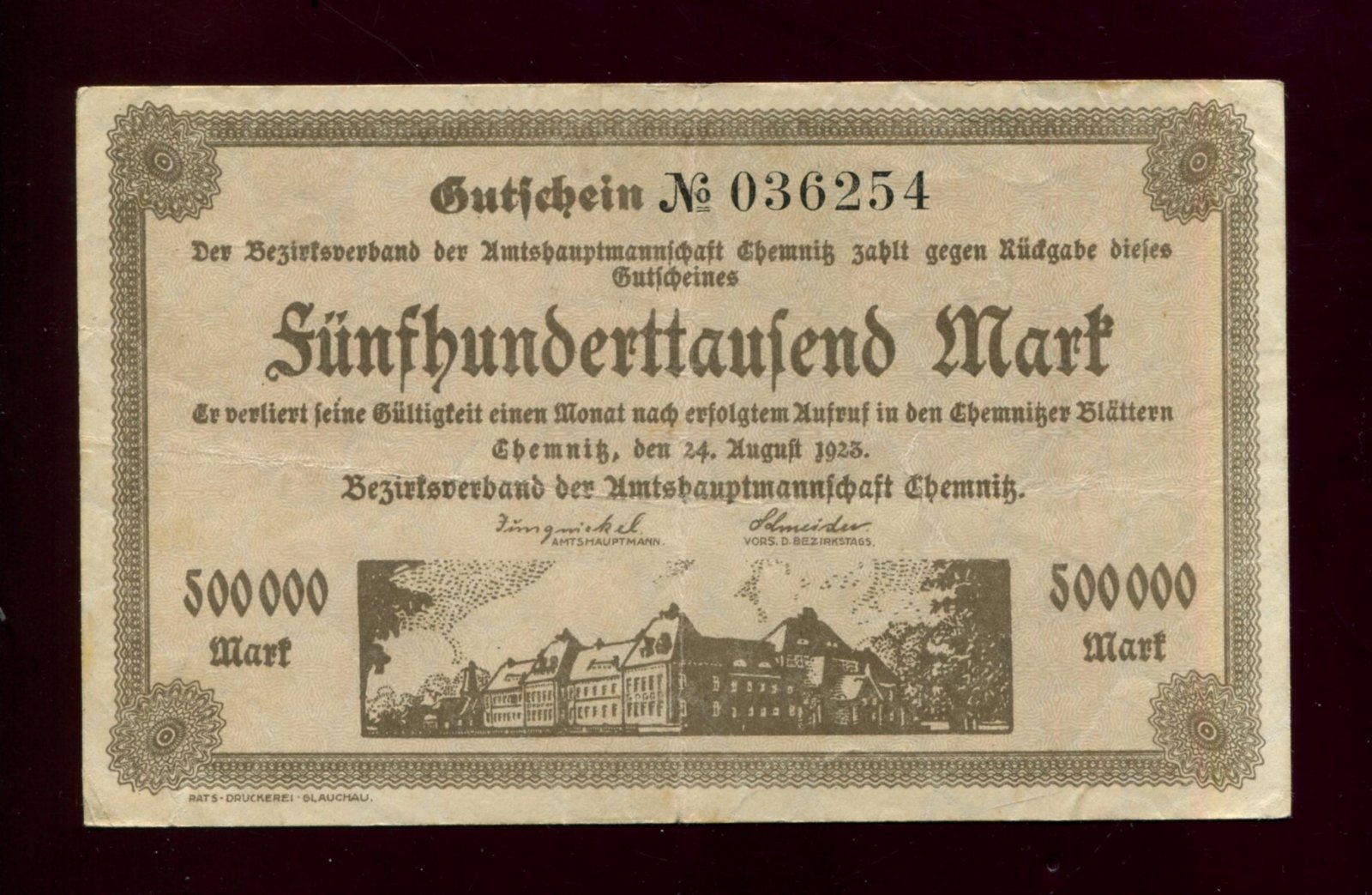 Бона. 500000 марок 1923 г. Нотгельд Хемниц Саксония Германия