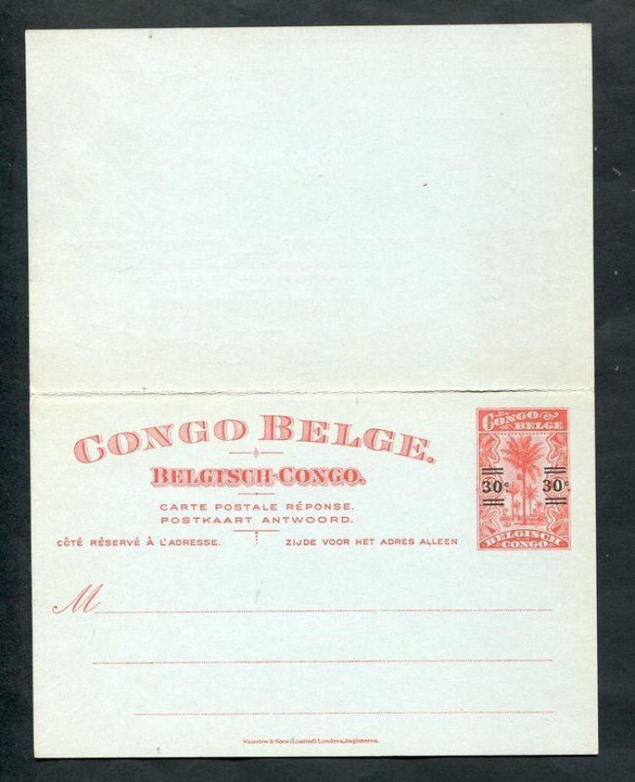 Почтовая карточка с оплаченным ответом. Бельгийское Конго. 30 ц. + 30 ц. 1921 г.