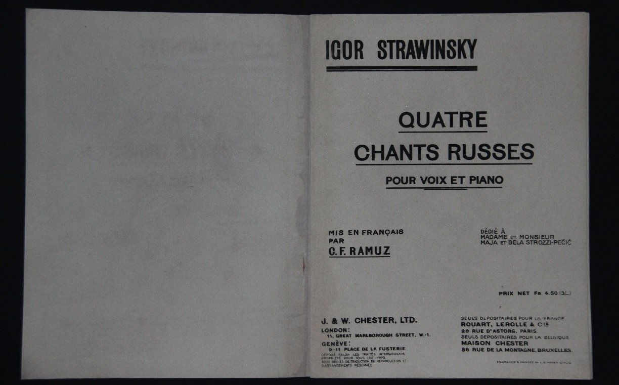 Стравинский Игорь. Quatre Chants Russes / Четыре русские песни. Для голоса и фортепиано. /Ноты/.