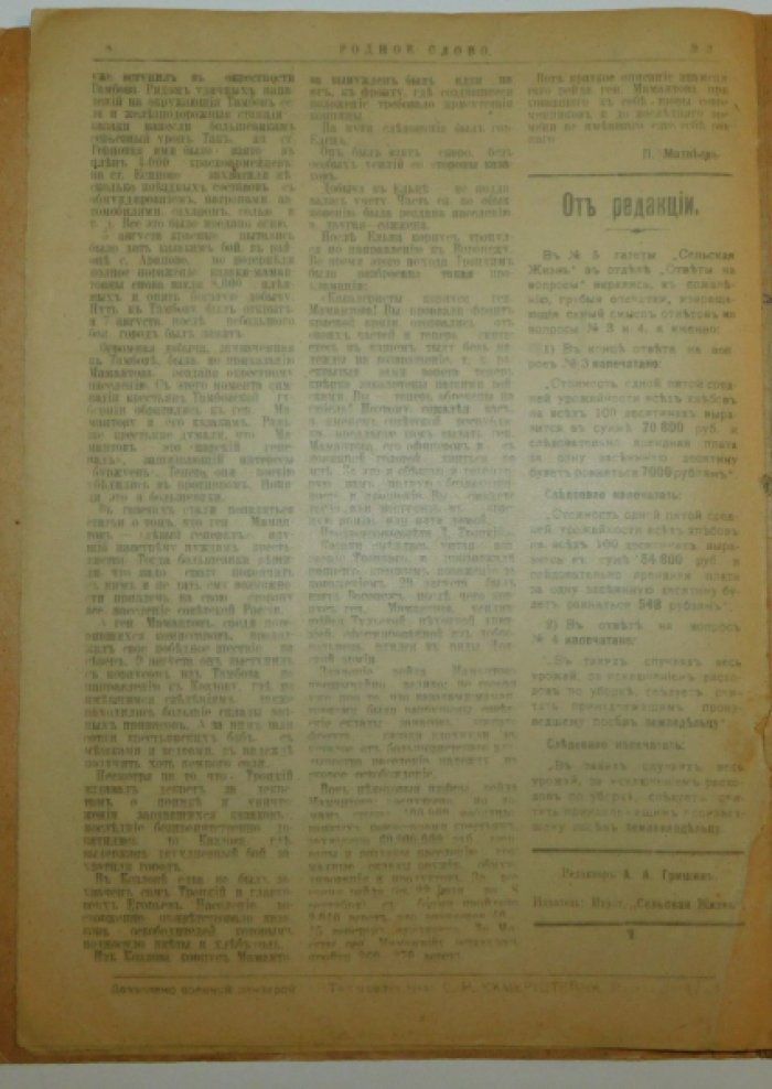 Родное слово. Приложение к газете Сельская жизнь. № 2, 8 декабря 1919 г.