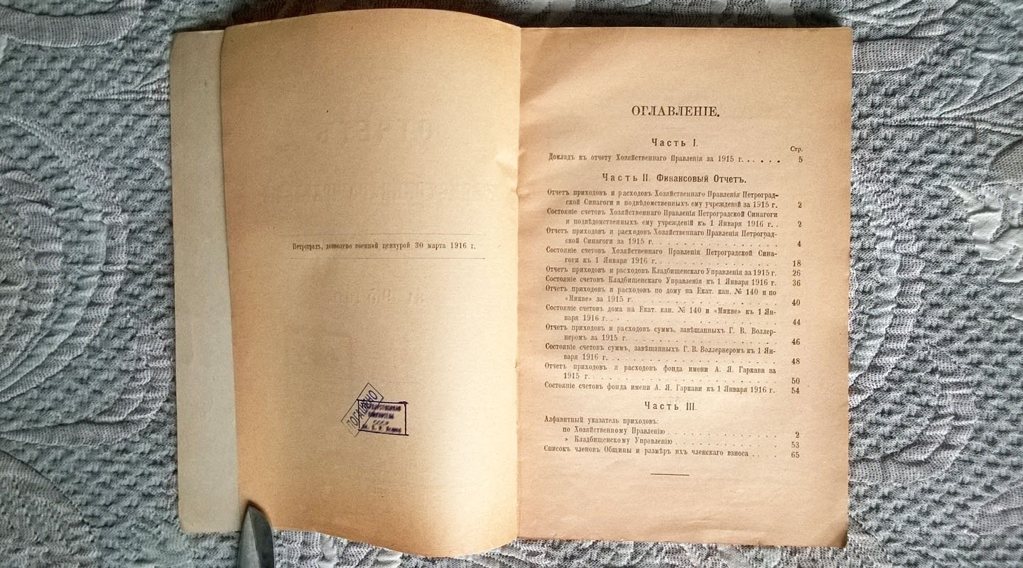 Отчет Хозяйственного правления Петроградской синагоги за 1915 год.