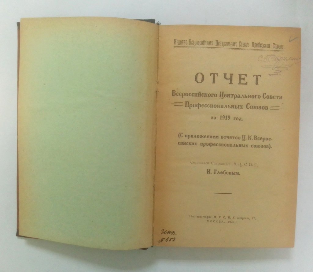 Отчет Всероссийского Центрального Совета Профессиональных Союзов на 1919 год.