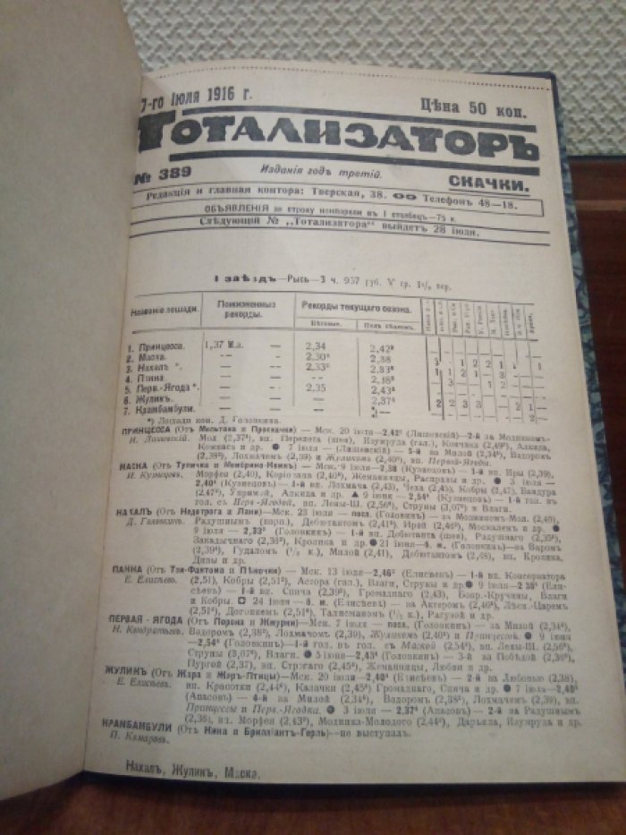 Тотализатор. Скачки. № 389 27 июля 1916 г.