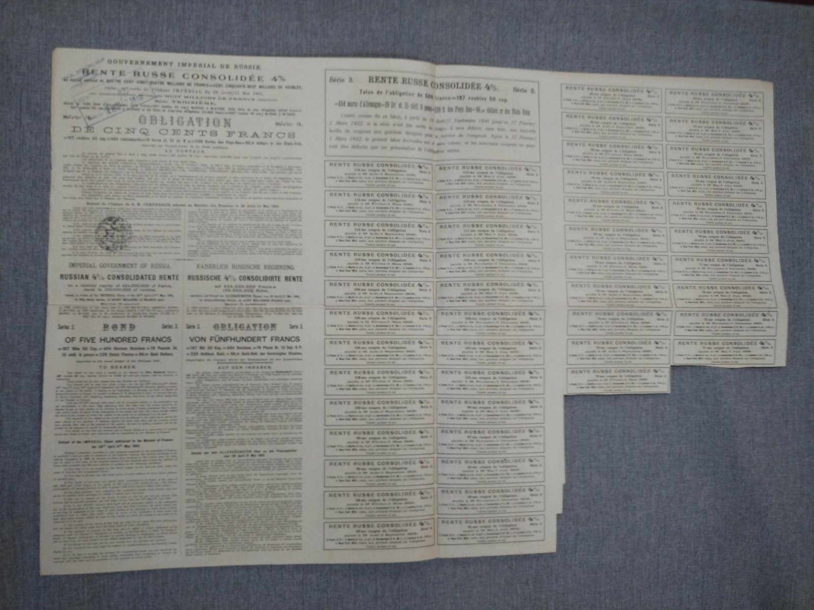 Облигация в 500 франков 1916 г. Российская 4 % консолидированная рента