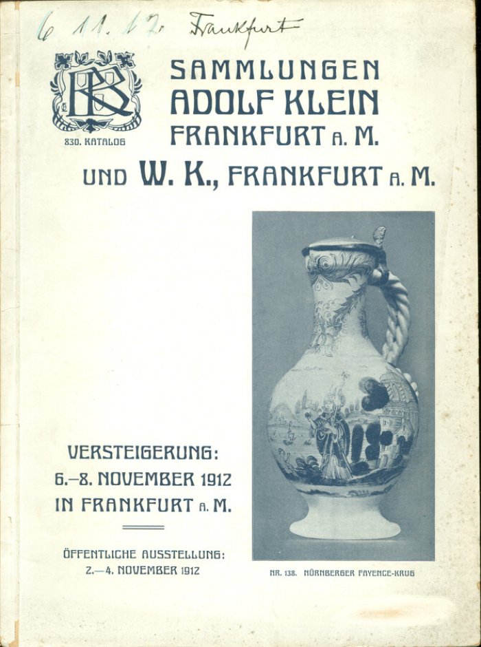 Собрание живописи и фарфора Adolf Klein и немецкого фаянса W.K.. Каталог аукциона 1912 года
