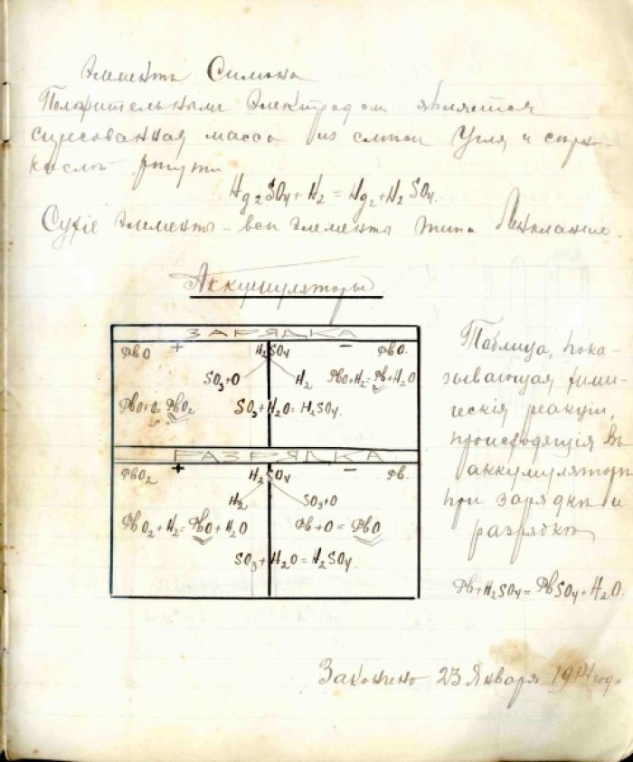 Тетрадь. Конспект химии и теоретической механики Слушателя отделения `Сильных токов` 1-х Московских Электрохимических курсов А.М. Перова. Лекции инженера И.Д. Власова