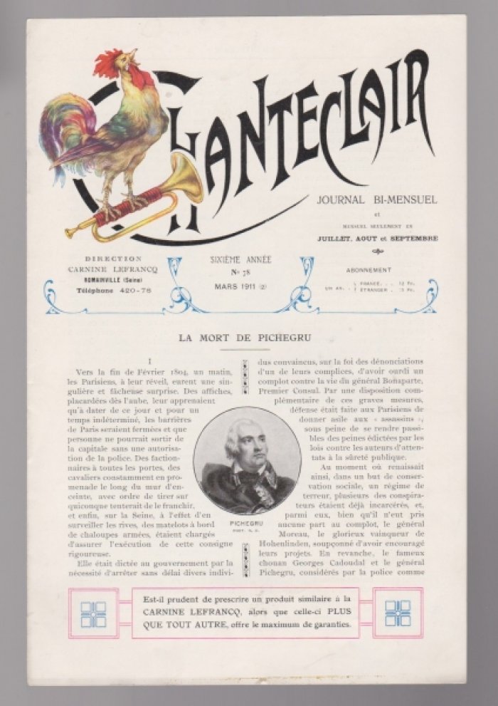 Chanteclair №78 mars 1911 - la Mort de Pichegru Par Ernest Daudet, le Docteur Ramon Coll Y Pujol 