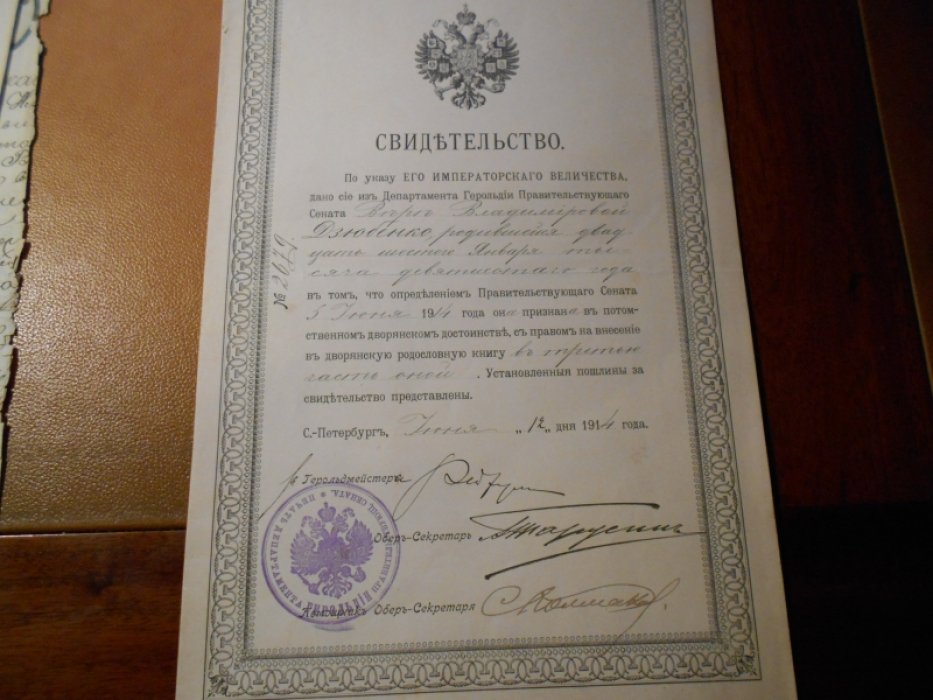 Свидетельство по указу Его Императорского Величества о дворянстве (Дзюбенко Веры Владимировны).