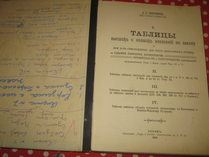 Мельников А.П. Таблицы высших и низших наказаний по закону и при даче снисхождения, для трех возрастных групп, за содеяние, покушение, пособничество, укрывательство и попустительство преступлений.