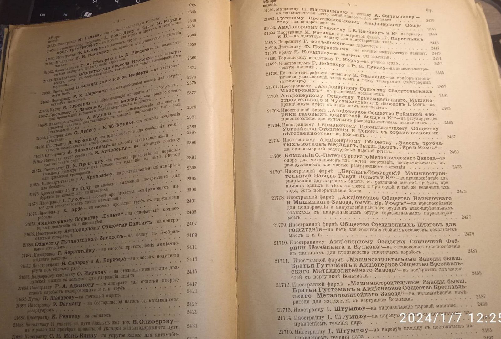 Свод привилегий выданных в России. 1912 г. Выпуск V. Привилегии № 21568-21755.
