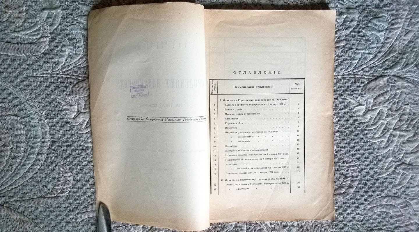 Отчет по [Московскому] городскому водопроводу за 1906 год: Приложение к Отчету о движении сумм города Москвы за 1906 год.