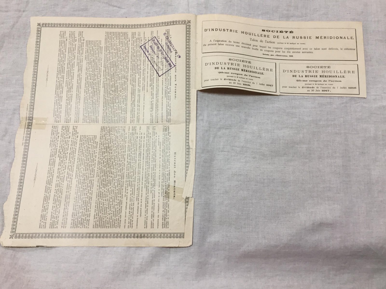 Акция в 50 рублей 1908 г. Общество Южно-Русской каменноугольной промышленности