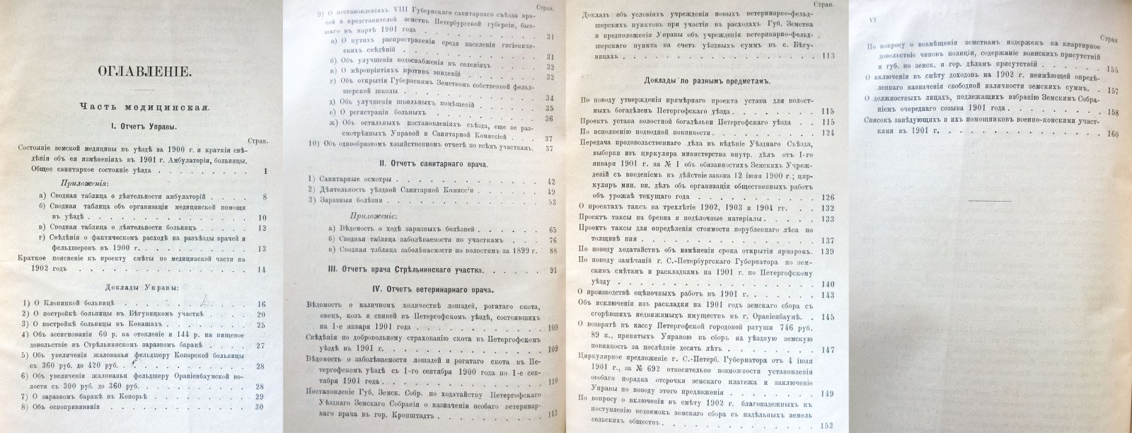 Отчеты и доклады по разным предметам Петергофской уездной земской управы очередному уездному земскому собранию 1901 года.