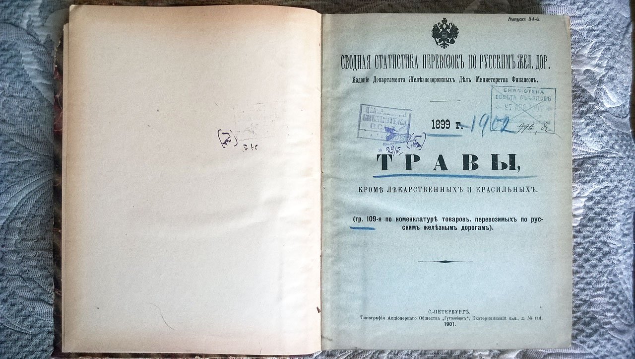 Сводная статистика перевозок по русским железным дорогам: Травы, кроме лекарственных и красильных (гр. 109-я по номенклатуре товаров, перевозимых по русским железным дорогам). 1899-1902 г.г.