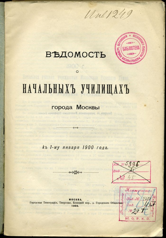 Ведомость о начальных училищах города Москвы к 1-му января 1900 года.