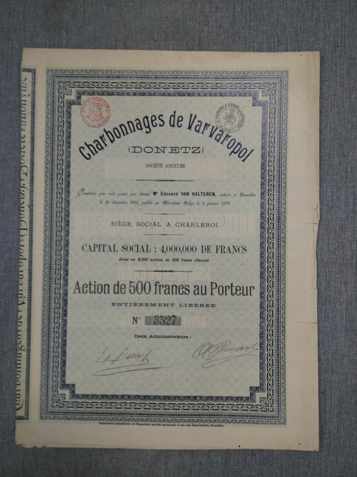 Акция в 500 франков 1896г. Угольные шахты Варварополь (Донецк)