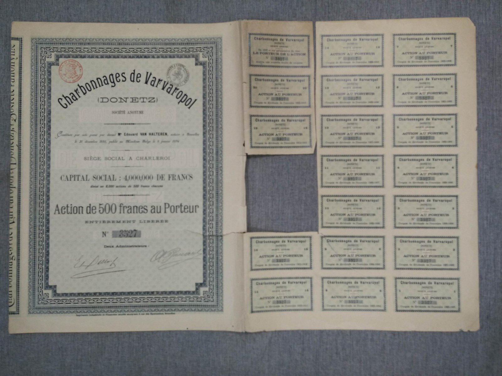 Акция в 500 франков 1896г. Угольные шахты Варварополь (Донецк)