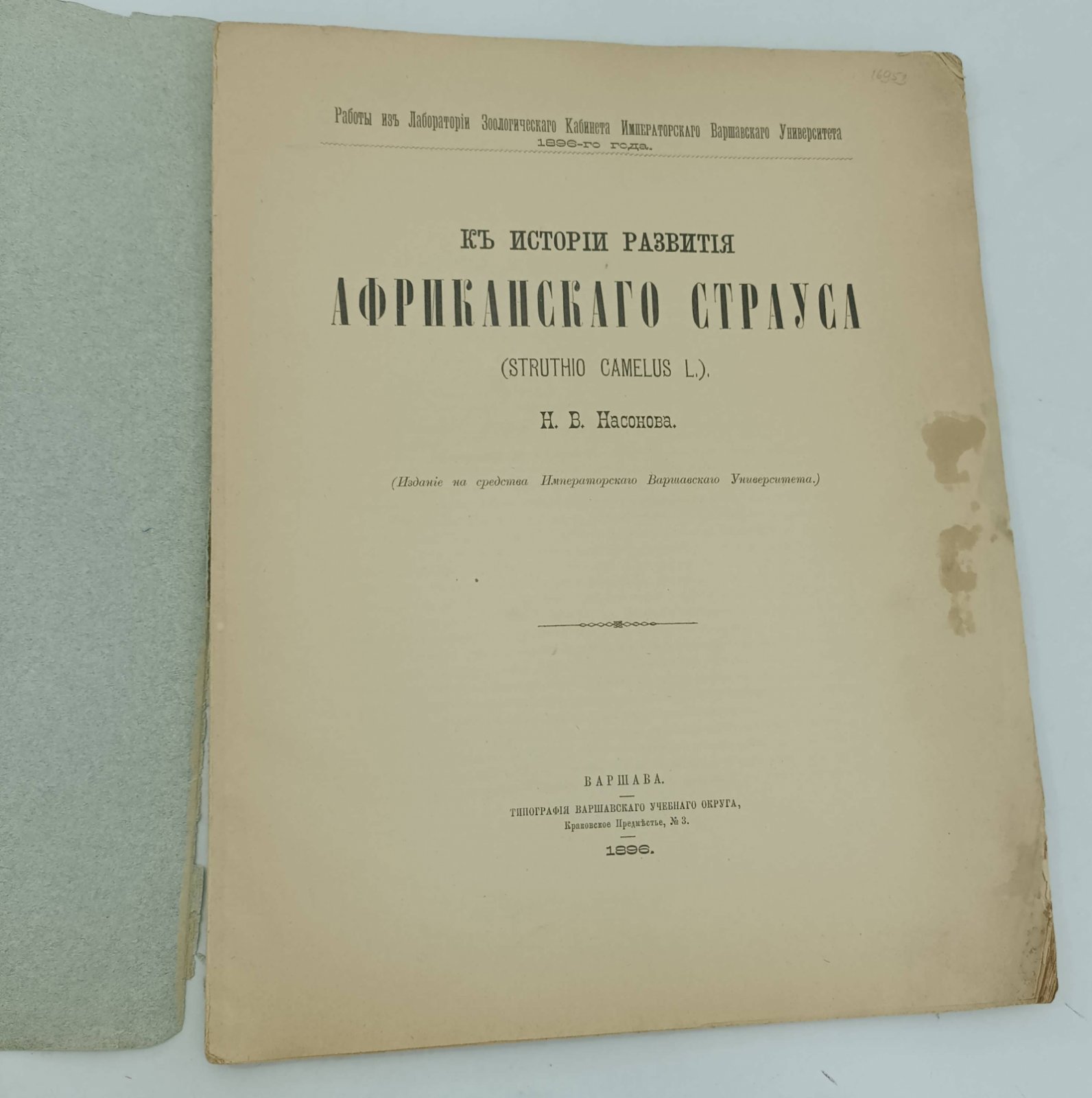 Насонов Н.В. К истории развития африкансого страуса. (Struthio Camelus L.) Вып. 3.