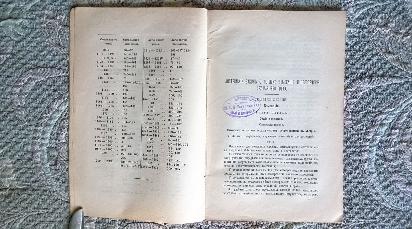 Тур Н.А. Австрийский закон 27 мая 1896 года о порядке взыскания и обеспечения, с указанием соответствующих постановлений нашего устава гражданского судопроизводства.