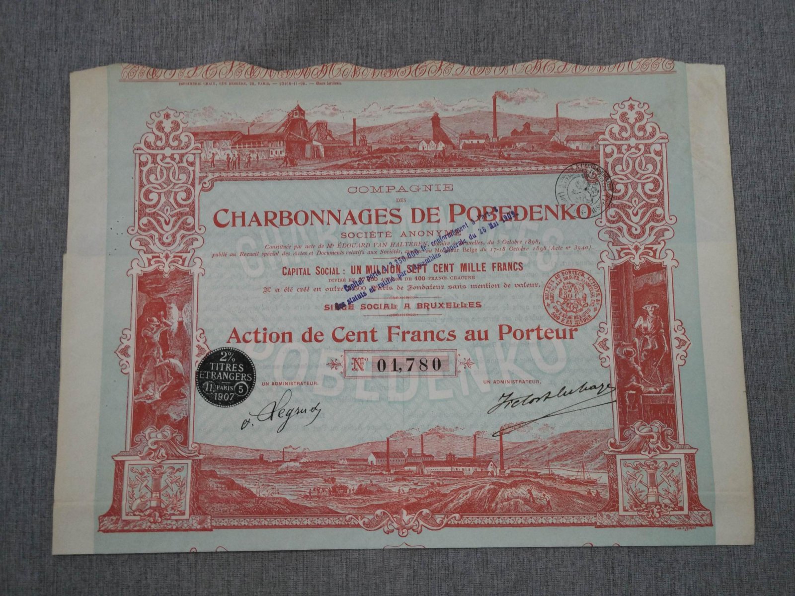 Акция на 100 франков 1898 г. Побединские угольные шахты