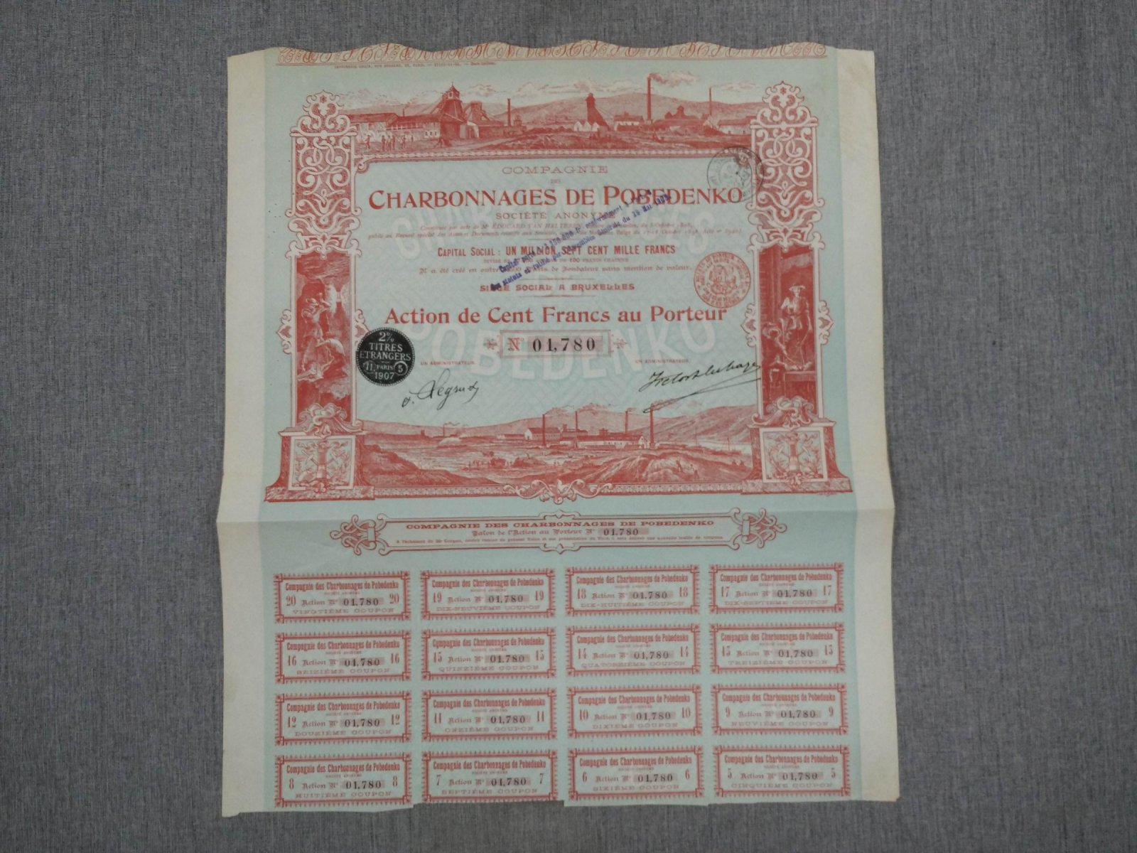 Акция на 100 франков 1898 г. Побединские угольные шахты