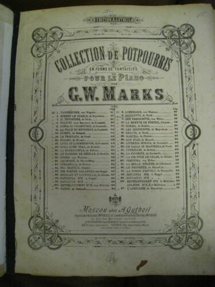 Marks G., F. Mendelssohn.,  Gustave Lange., Sidney Smith., Sienkiewiczowi Henrykowi.. Ноты.