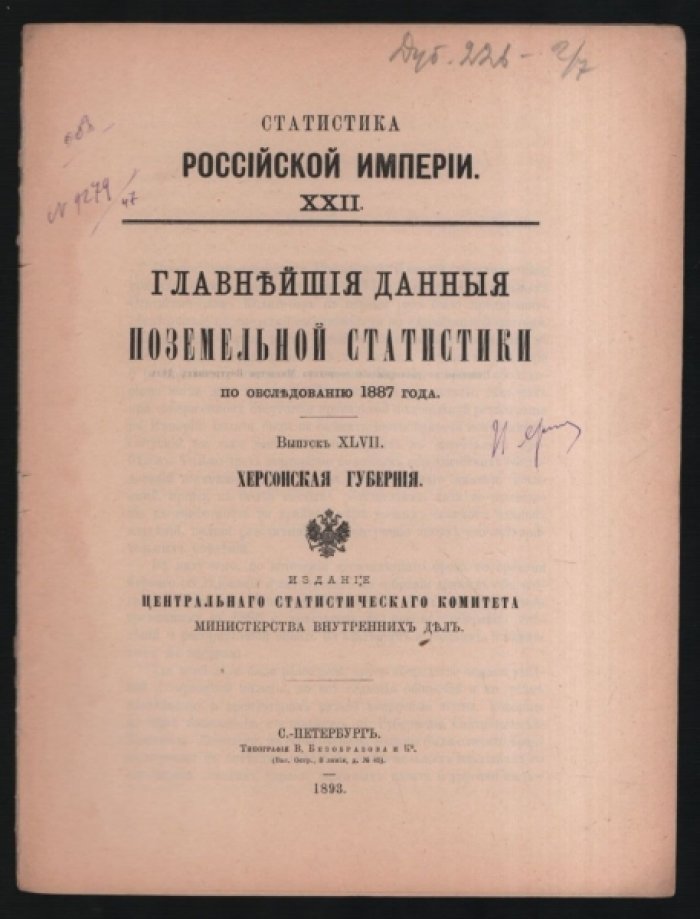 Главнейшие данные поземельной статистики по обследованию 1887 года.