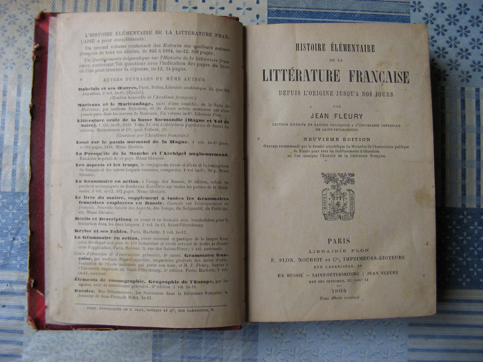 Fleury Jean. Histoire Elementaire de la Litterature Francaise.