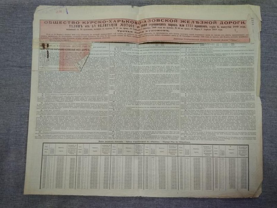 Облигация. Общество Курско-Харьково-Азовской железной дороги 1889 г.