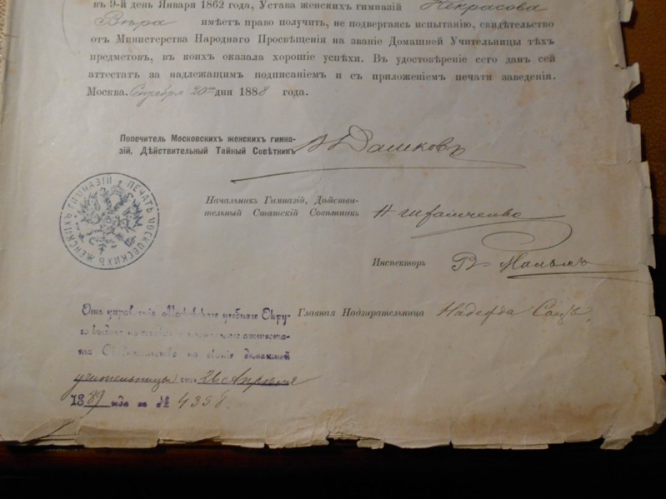 Аттестат об образовании. Московская женская гимназия.