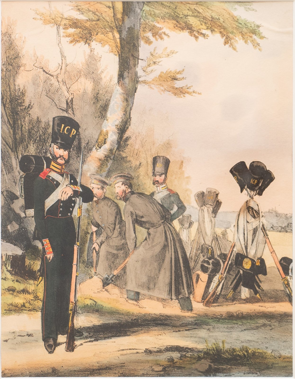 Литография «Саперный лейб-гвардии батальон» — офицеры в полевой форме (серия обмундирования Русской императорской армии)