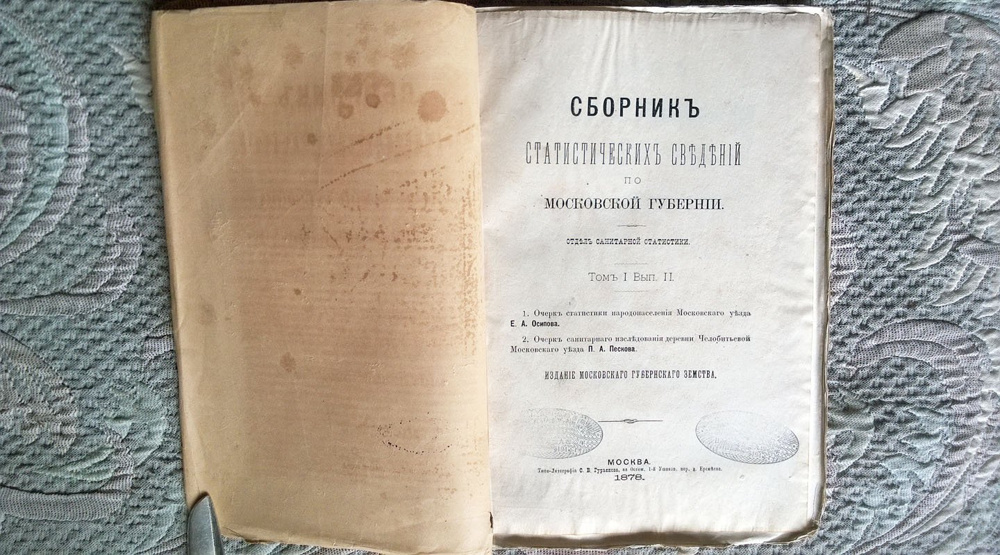 1. Е. А. Осипов. Очерк статистики народонаселения Московского уезда. 2. П. А. Песков. Очерк санитарного исследования деревни Челобитьевой Московского уезда (Сборник статистических сведений по Московской губернии).