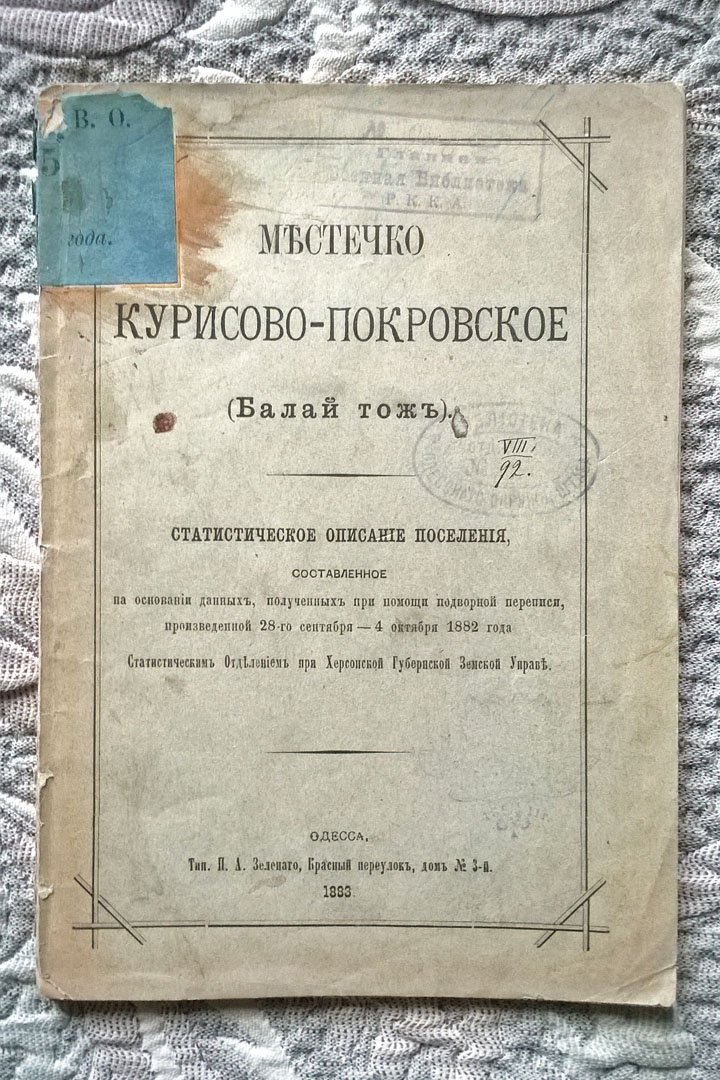 Местечко Курисово-Покровское (Балай тож): Статистическое описание поселения, составленное на основании данных, полученных при помощи подворной переписи, произведенной Статистическим отделением при Херсонской губернской земской управе.