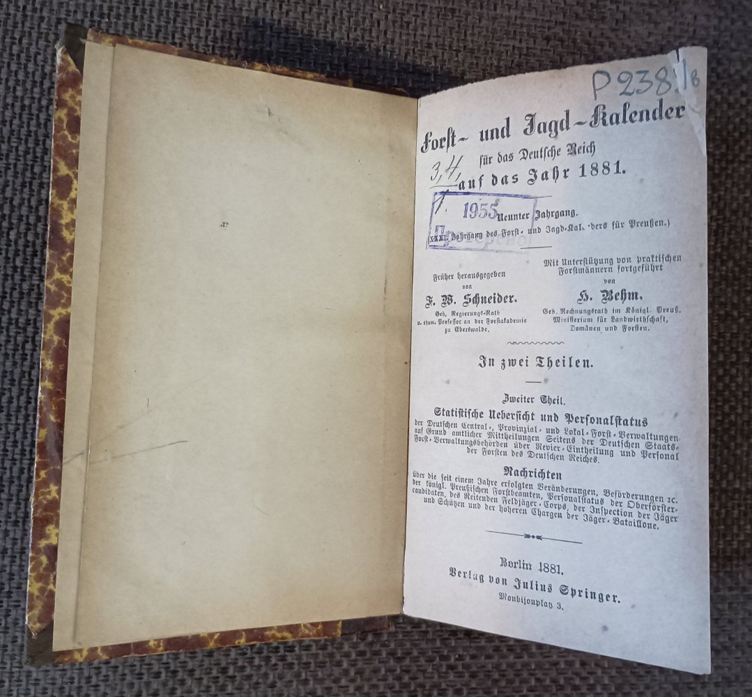 Behm E., Schneider  F.W. Forst- und Jagd-Kalender fur das Deutsche Reich auf das Jahr 1881.