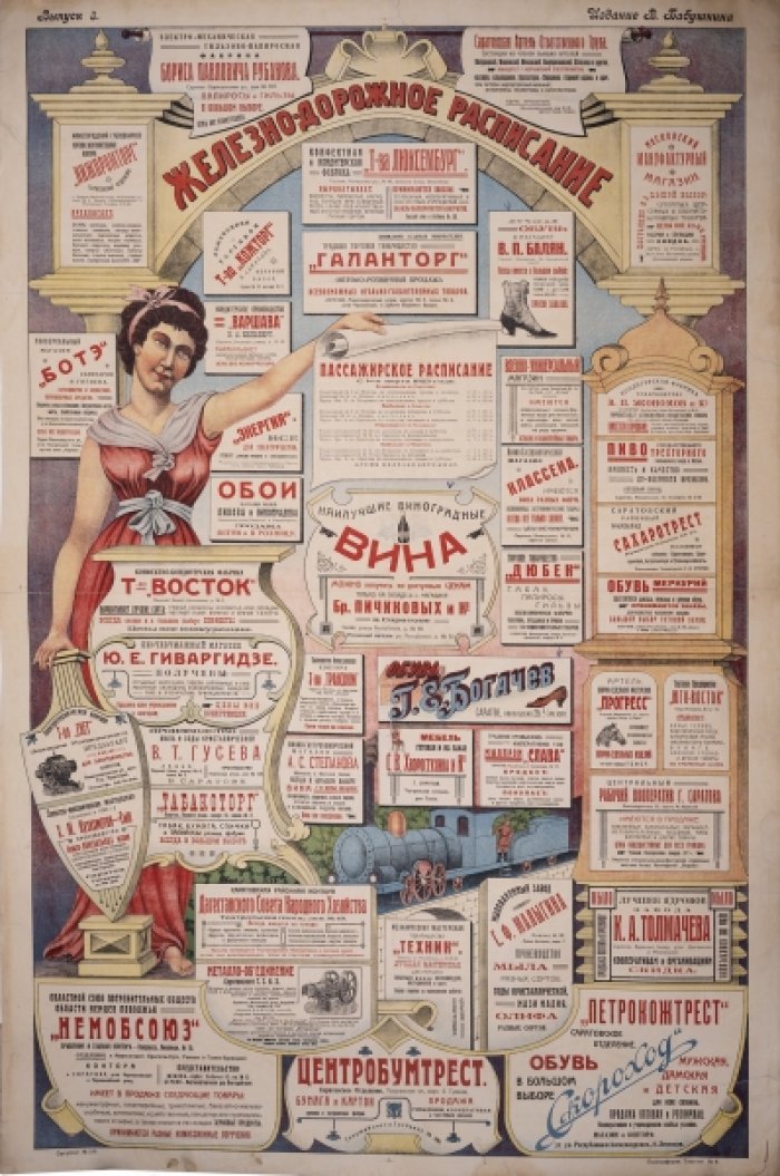 Железнодорожное расписание (плакат НЭП). Саратов–Москва и южные направления, 1 марта 1923 года