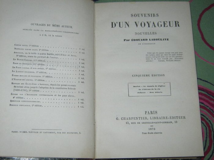 Laboulaye Edouard (Лабулэ Эдуар). Souvenirs d`un Voyageur (Воспоминания путешественника). Nouvelles.