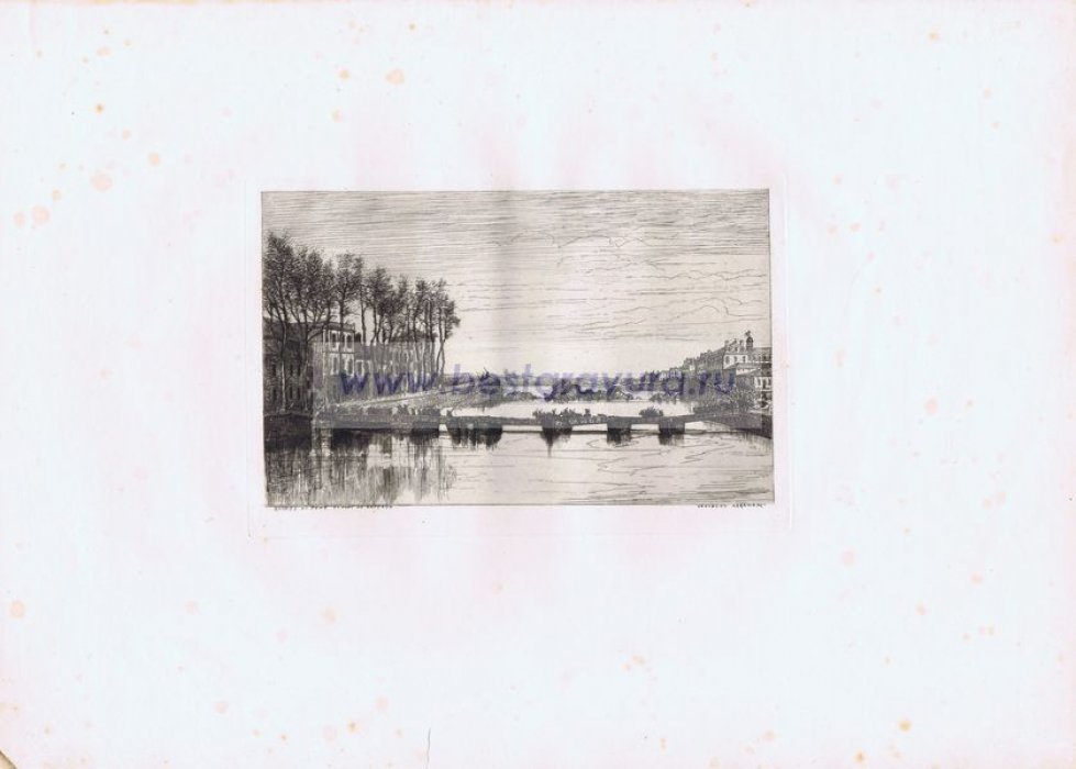 Абрахам, Танкред (Abraham, Tancrede). Гравюра `Франция. Руины старого моста и лодочный мост`.